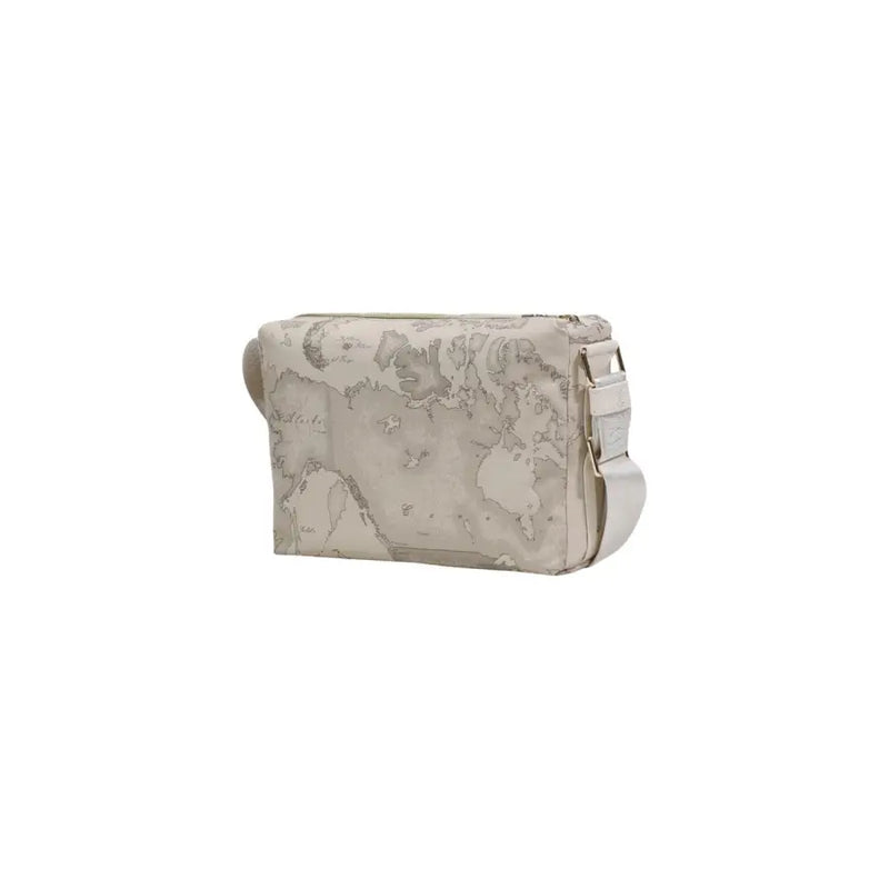 Alviero Martini Prima Classe beige crossbody bag with vintage world map print and white adjustable strap