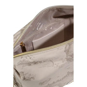 Alviero Martini Prima Classe beige print cosmetic bag with map pattern and gold zipper pull in beige and gray