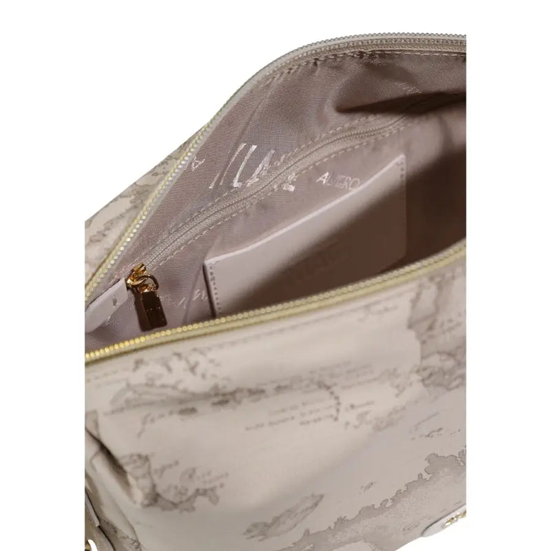 Alviero Martini Prima Classe beige print cosmetic bag with map pattern and gold zipper pull in beige and gray