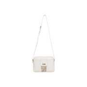 White leather crossbody Alviero Martini Prima Classe bag with beige map print and Pilasm logo on front flap