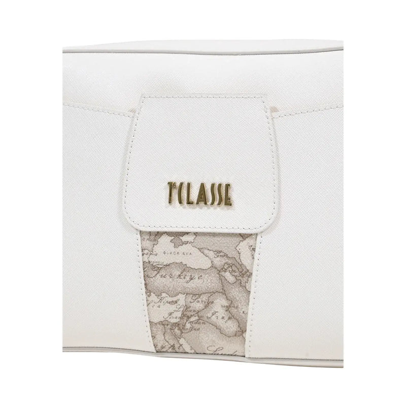 Alviero Martini prima classe beige print shoulder bag with white textured leather and gold-tone tclasse logo plaque