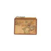 Compact tan Alviero Martini Prima Classe leather cardholder with vintage beige map print and zip