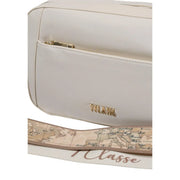 Cream-colored leather alviero martini prima classe shoulder bag with gold-tone zipper and map-patterned strap