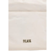 Cream-colored glossy nylon alviero martini prima classe shoulder bag with metallic tclasse logo plaque and zip pocket
