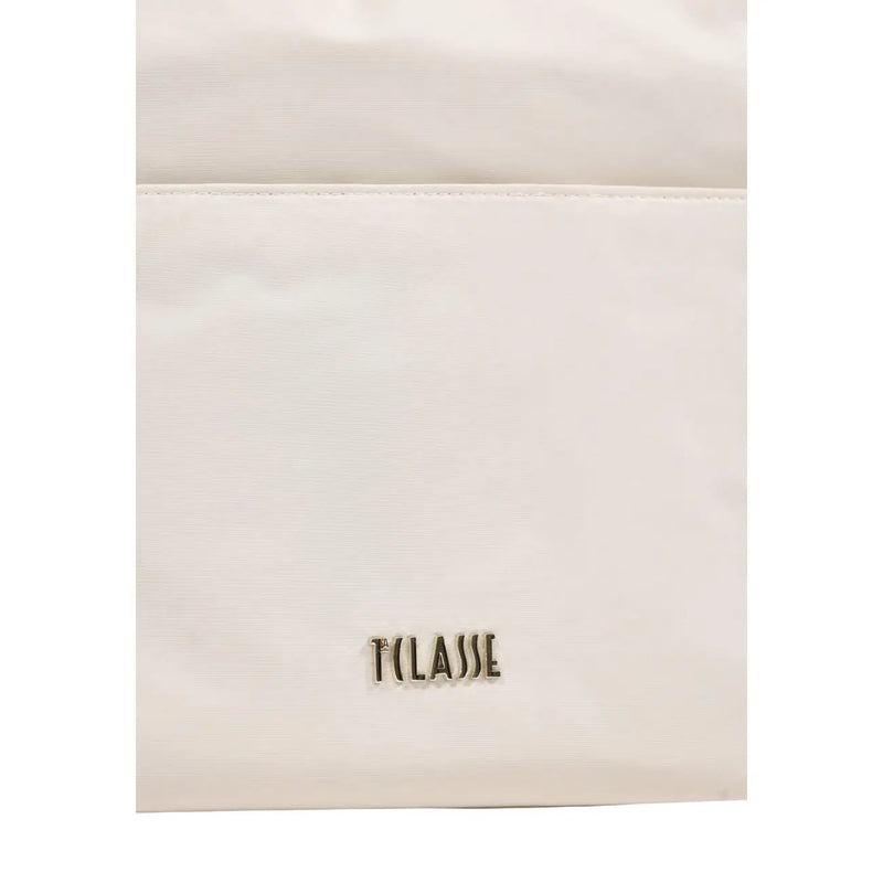 Cream-colored glossy nylon alviero martini prima classe shoulder bag with metallic tclasse logo plaque and zip pocket