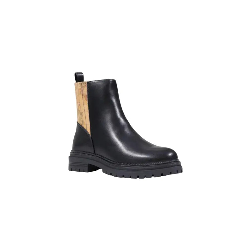 Alviero Martini Prima Classe black leather ankle boots for women with tan cork panel and chunky rubber sole