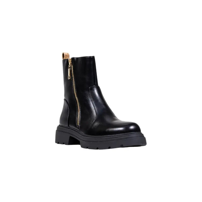Alviero Martini Prima Classe black leather ankle boots for women with gold zipper and chunky rubber sole