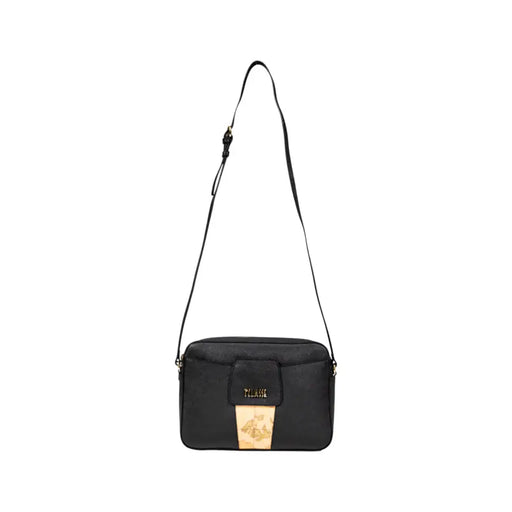Black cotton shoulder bag with gold-toned geographical map pattern for women Fall Winter