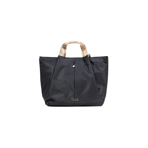 Alviero Martini Prima Classe black nylon tote bag with beige patterned handles and pilasse logo on front with zip pockets