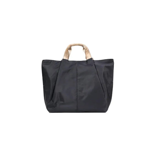 Alviero Martini Prima Classe black nylon tote bag with beige patterned handles and zip pockets for secure storage