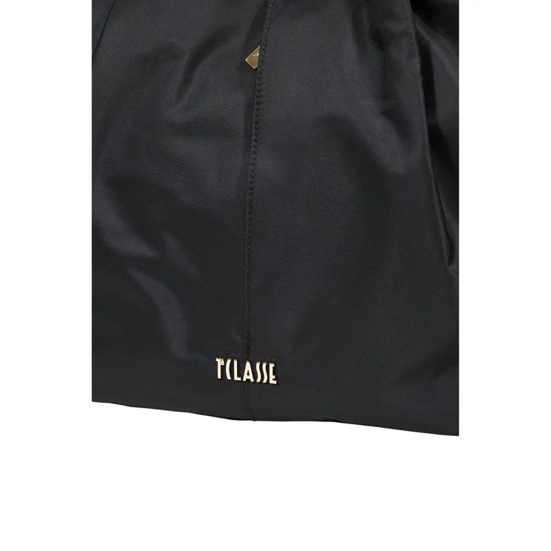 Alviero Martini Prima Classe black nylon tote bag with zip pockets gold-tone triangular zipper pull and white logo embroidery