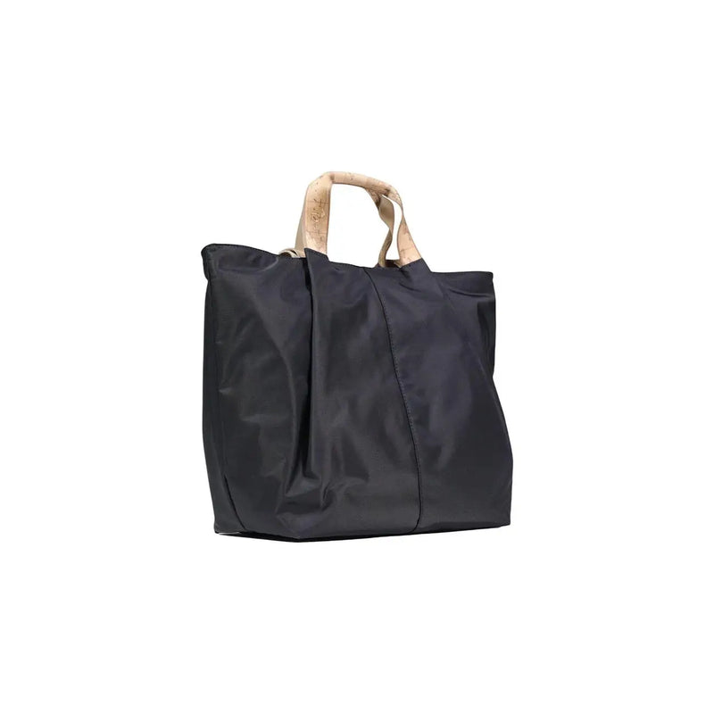 Alviero Martini Prima Classe black nylon tote bag with light-colored cork handles and zip pockets