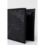 Black leather bi-fold wallet with subtle world map pattern from Alviero Martini Prima Classe