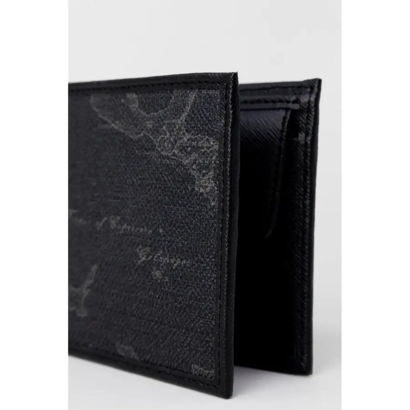 Black leather bi-fold wallet with subtle world map pattern from Alviero Martini Prima Classe