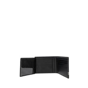Open black leather bi-fold wallet with multiple card slots and clear ID window for men