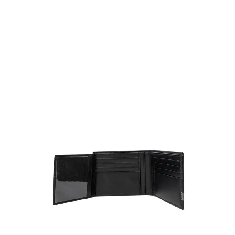Open black leather bi-fold wallet with multiple card slots and clear ID window for men
