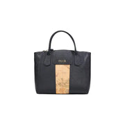 Alviero Martini Prima Classe black leather tote bag with vintage map print strip and gold milan logo on front flap