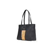 Alviero Martini Prima Classe black leather tote bag with vertical vintage-style beige and brown map print and zip closure