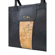 Black textured Alviero Martini Prima Classe tote bag with vintage-style beige green map panel and metallic classe plaque