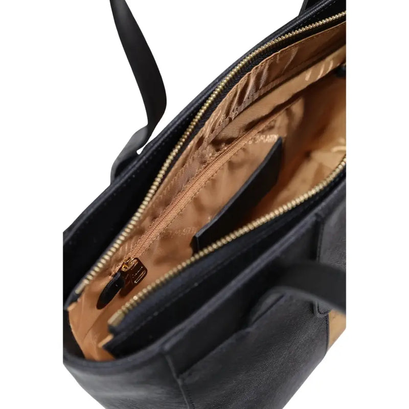 Alviero Martini Prima Classe black leather tote bag with gold-toned zipper and tan interior lining