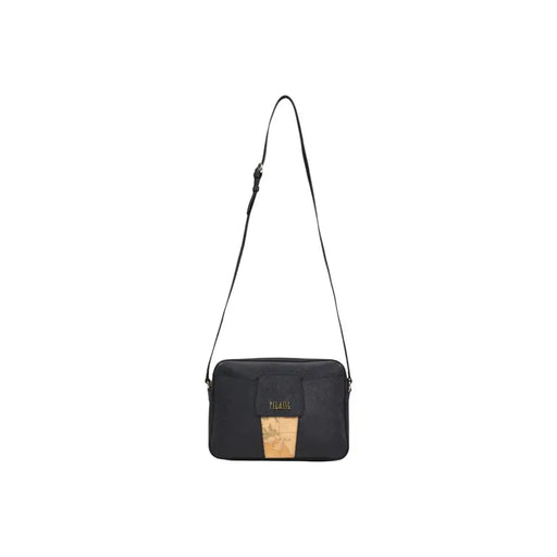 Alviero Martini Prima Classe black crossbody bag with gold-tone logo plaque and tan leather embossed map patch