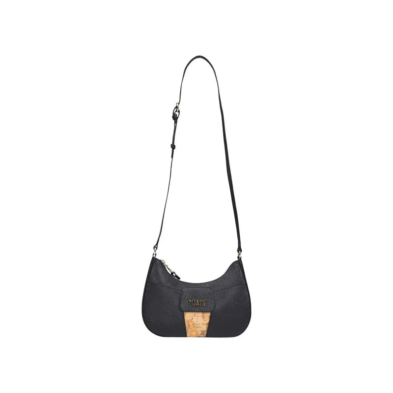 Alviero Martini Prima Classe black leather crossbody bag with cork panel and gold-tone logo with zip closure