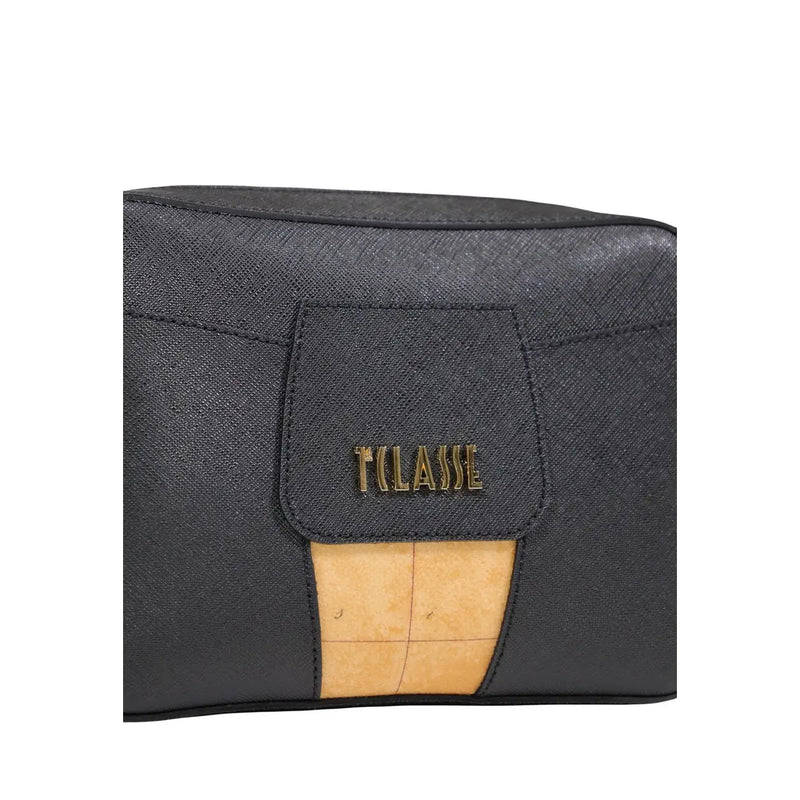Alviero martini prima classe black print shoulder bag with zip featuring black textured clutch with gold tone logo and tan leather panel