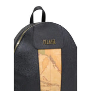 Alviero Martini Prima Classe black textured zip rucksack with vintage map panel and gold-tone tclashe branding