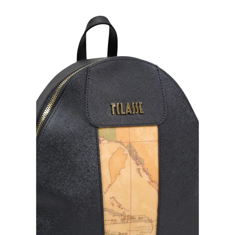 Alviero Martini Prima Classe black textured zip rucksack with vintage map panel and gold-tone tclashe branding