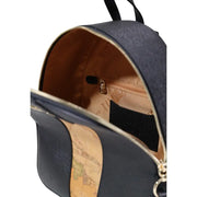 Alviero Martini Prima Classe navy blue zip rucksack with vintage map print side panel and gold-toned zippers