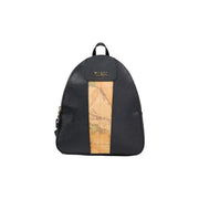 Black leather Alviero Martini Prima Classe zip rucksack with vertical vintage map design and klade gold plaque