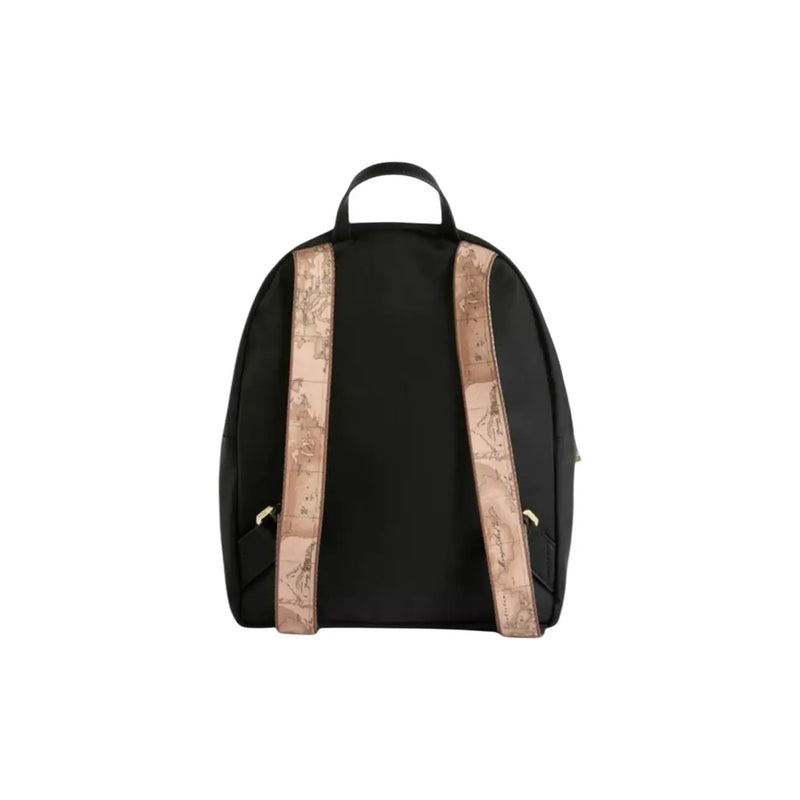 Alviero Martini Prima Classe black rucksack with beige map patterned straps and gold tone zippers with pockets
