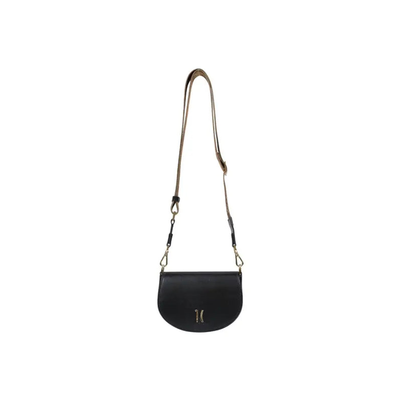 Alviero Martini Prima Classe black leather crossbody bag with gold-tone logo and matching strap for shoulder use