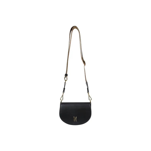 Alviero Martini Prima Classe black leather crossbody bag with gold-tone logo and matching strap for shoulder use