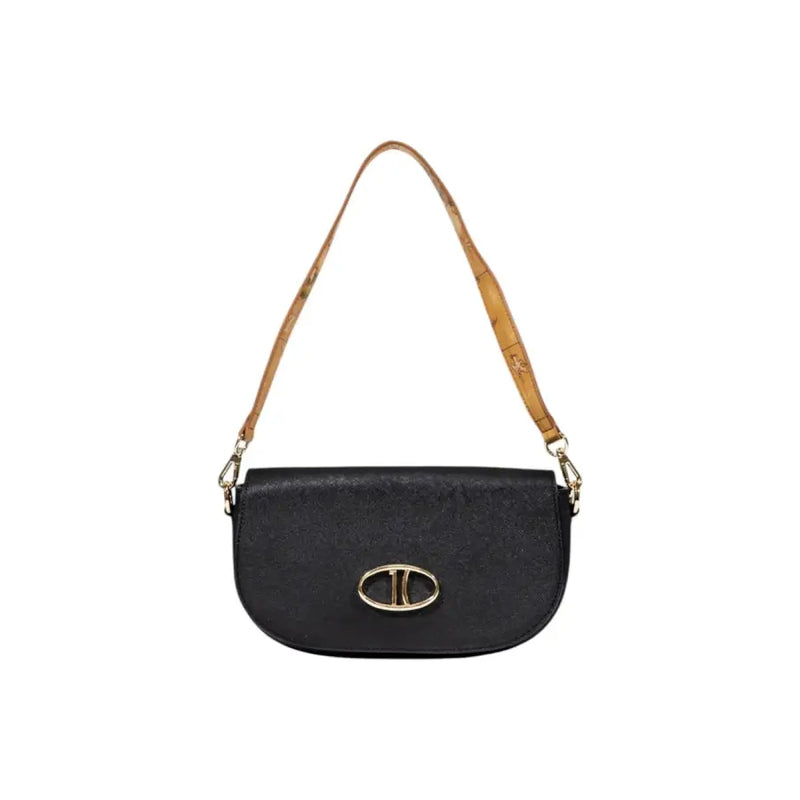 Alviero Martini Prima Classe black textured crossbody bag with gold oval logo clasp and tan leather strap for women
