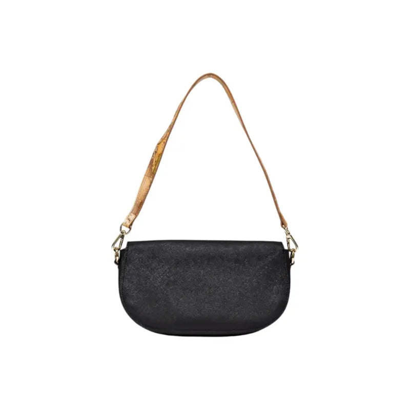 Alviero Martini Prima Classe black textured crossbody bag for women with tan leather shoulder strap