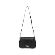 Black leather crossbody bag with curved flap and silver oval turn-lock closure for Alviero Martini Prima Classe Black Womens Fall Winter Bag