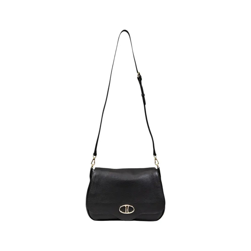 Black leather crossbody bag with curved flap and silver oval turn-lock closure for Alviero Martini Prima Classe Black Womens Fall Winter Bag