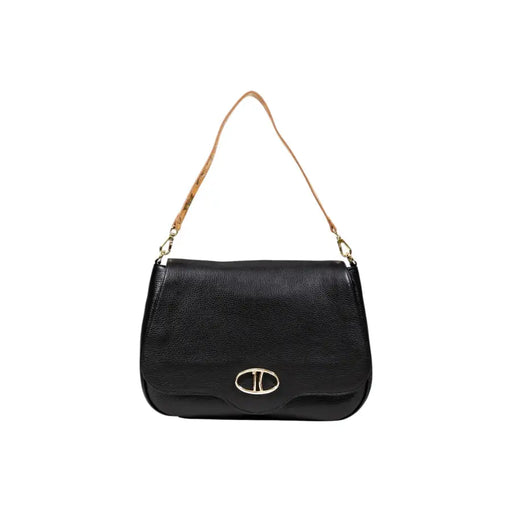 Black pebbled leather shoulder bag with cork strap and silver oval clasp for Alviero Martini Prima Classe