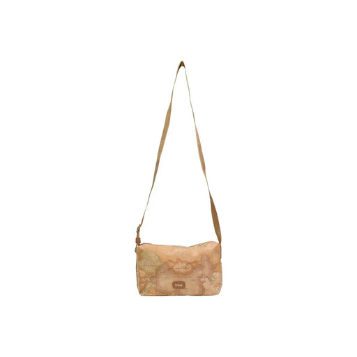 Alviero Martini Prima Classe beige crossbody bag with vintage world map print and brown leather strap with zip closure