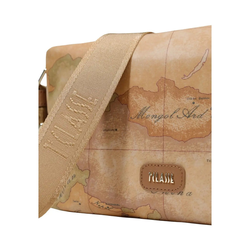 Beige Alviero Martini Prima Classe crossbody bag with map print, woven strap, and gold tone milanese logo plaque