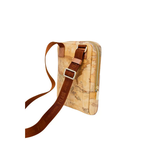 Sac bandoulière beige pour homme Alviero Martini Prima Classe, bandoulière en cuir marron à motif carte et fermeture éclair dorée.