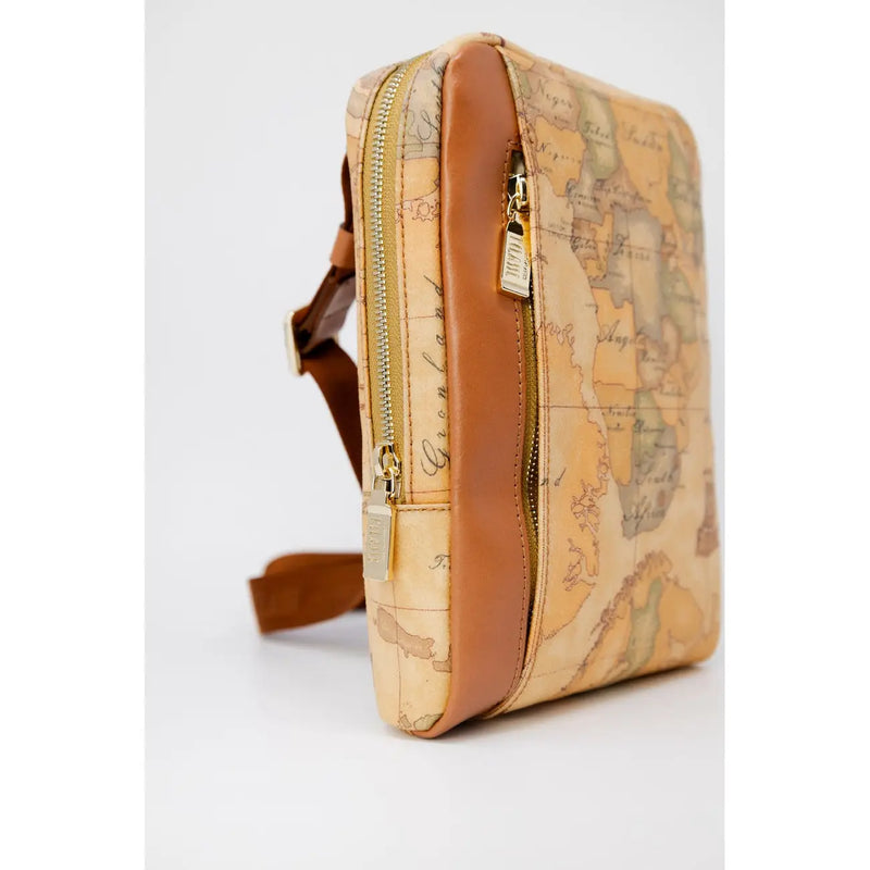 Sac bandoulière beige pour homme Alviero Martini Prima Classe avec garniture en cuir marron à motif carte et fermetures éclair dorées