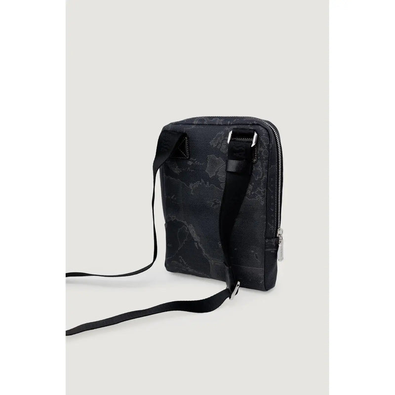 Sac bandoulière homme Alviero Martini Prima Classe noir à motif marbré gris discret et fermetures éclair argentées, largeur 27 cm