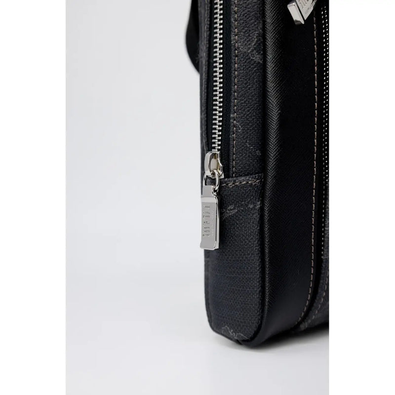 Sac bandoulière homme Alviero Martini Prima Classe, porte-documents en cuir noir avec fermeture éclair et tirette argentées, largeur 27 cm