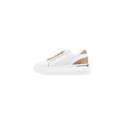 Alviero Martini Prima Classe white platform sneakers with gold chain and tan map heel
