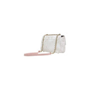 Alviero Martini Prima Classe white textured handbag with gold chain and pink strap featuring a clip closure