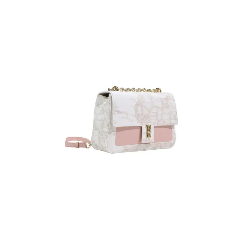 A stylish alviero martini prima classe white print bag with blush pink marble pattern gold hardware and chain strap