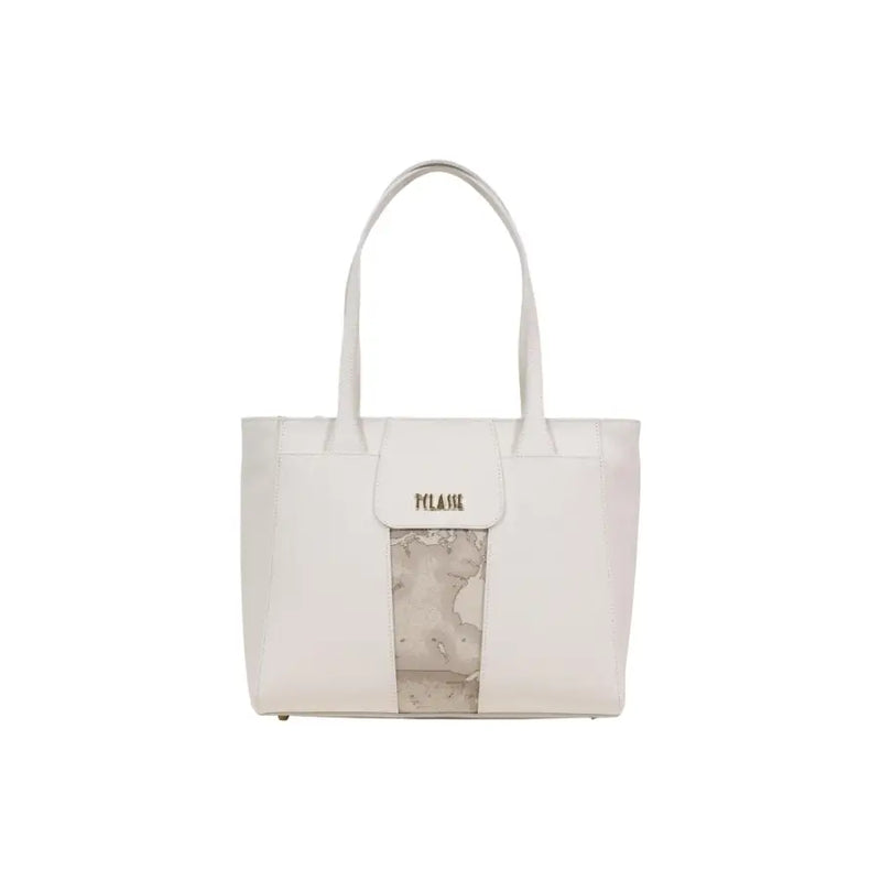 A sleek white leather Alviero Martini Prima Classe tote bag with a transparent panel and plasse brand embossing