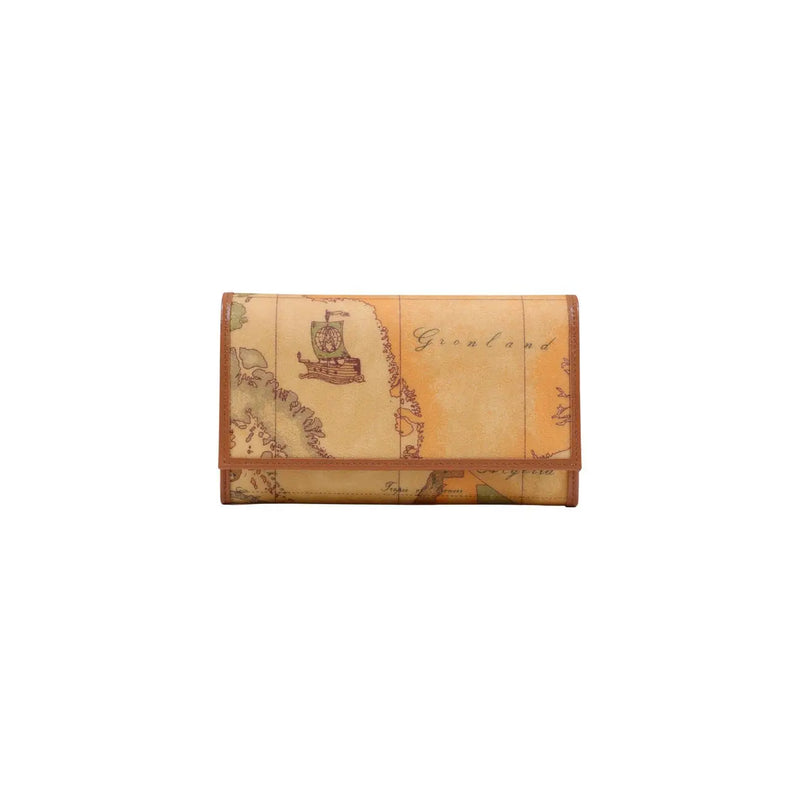 Portefeuille zippé Alviero Martini Prima Classe pour femme, en cuir beige, orné d'une carte vintage et d'une illustration de navire (texte Gronland).